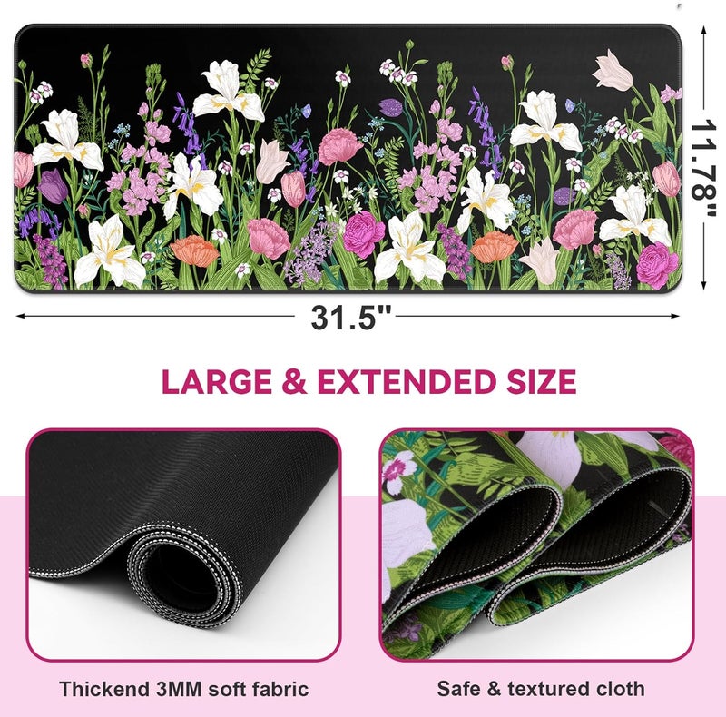 DIGSOM Large Gaming Mouse Pad Keyboard Pad 31.5 x 11.8 in Gaming Pad Black Mouse Pad with Anti-Slip Rubber Base, Extended Mouse Mat XL Mouse Pad Large Mouse Mat(Flower) - Image 2